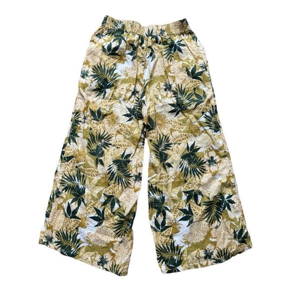 Tahari Women's 100% Linen Cropped Pull On Tan Palm Leaves Wide Leg Pants Small‎ - Picture 2 of 9